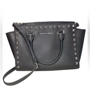 MICHAEL KORS Black Studded Saffiano Satchel with Detachable Strap